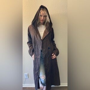 Vintage nylon brown leopard, pleated hood rain jacket m-xl